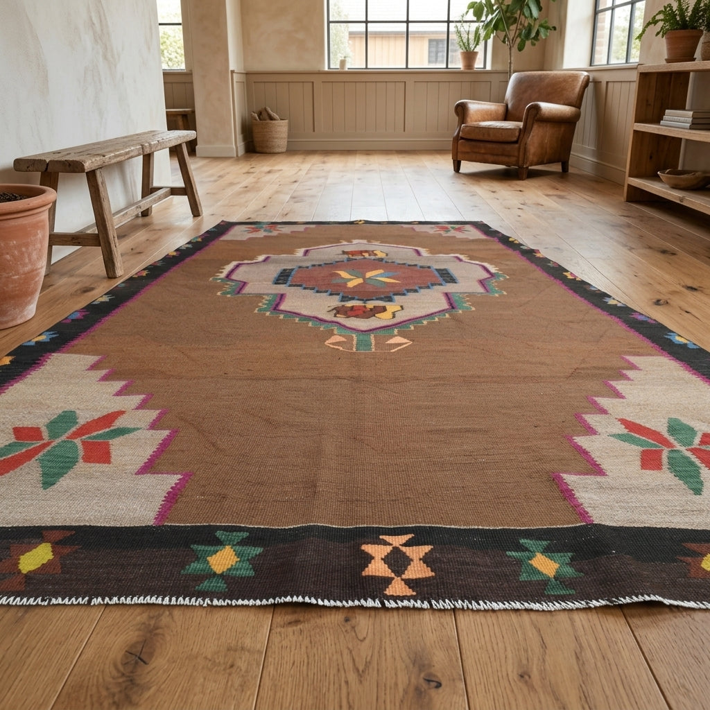 Oriental pattern on the Alevcihan vintage kilim rug – handwoven flatweave in Anatolia, Turkey