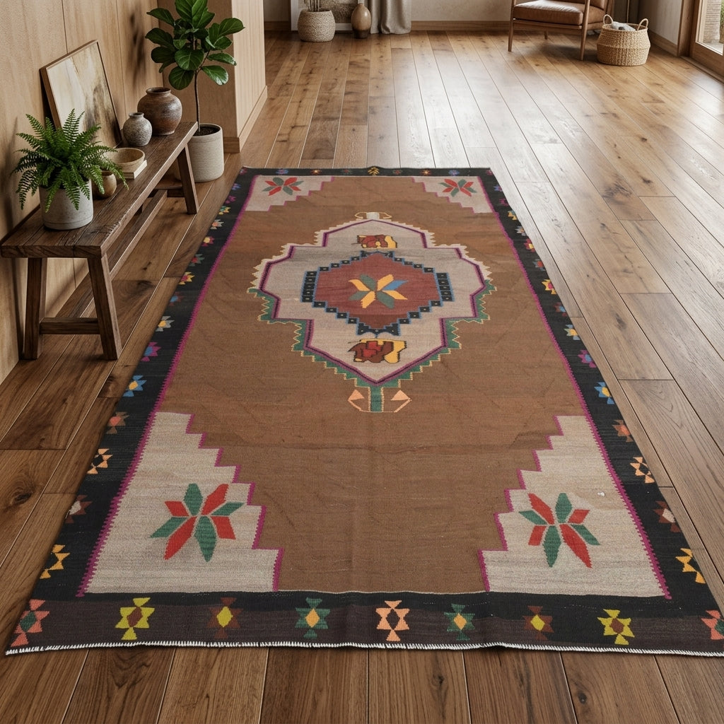 Oriental pattern on the Alevcihan vintage kilim rug – handwoven flatweave in Anatolia, Turkey