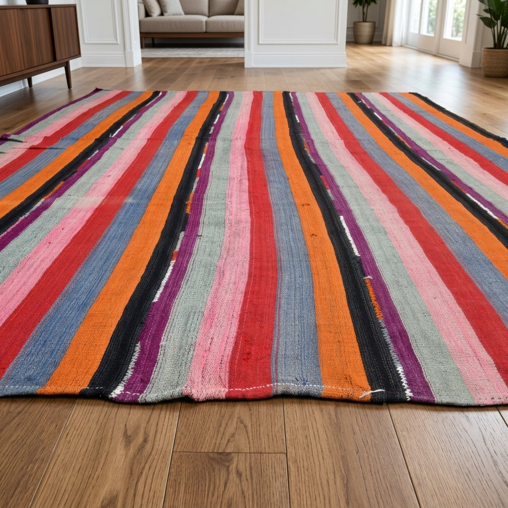 Striped pattern on the Damlatac vintage kilim rug – handwoven flatweave in Anatolia, Turkey