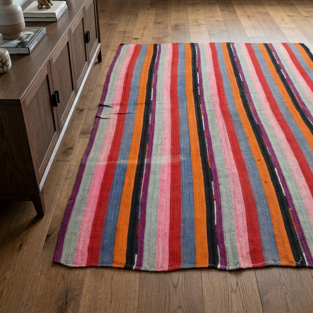 Striped pattern on the Damlatac vintage kilim rug – handwoven flatweave in Anatolia, Turkey
