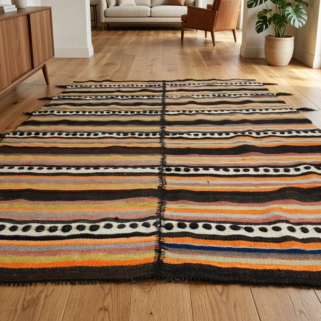 Oriental pattern on the Tuncgul vintage kilim rug – handwoven flatweave in Anatolia, Turkey