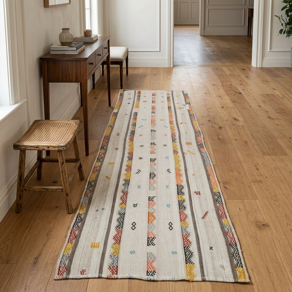 Oriental pattern on the Residegul vintage kilim runner rug – handwoven flatweave in Anatolia, Turkey