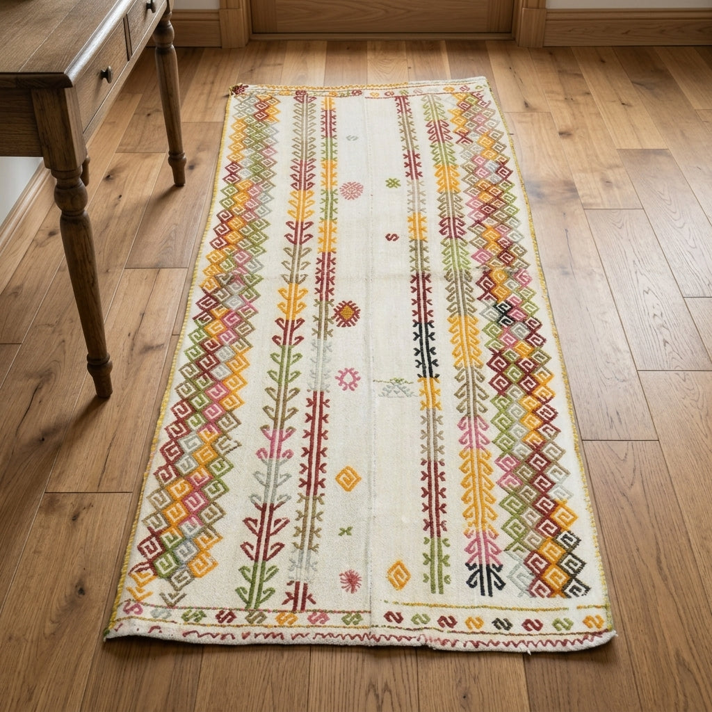 Oriental pattern on the Sevgigun vintage kilim runner rug – handwoven flatweave in Anatolia, Turkey