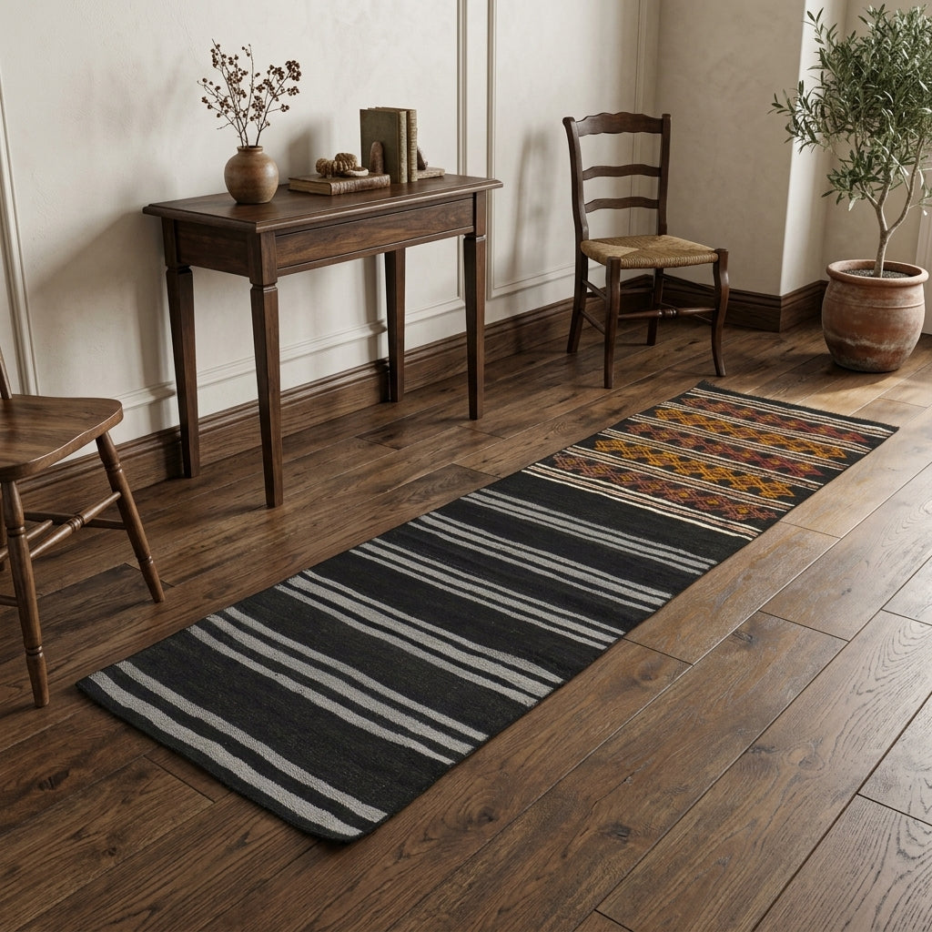 Oriental pattern on the Renginpezir vintage kilim runner rug – handwoven flatweave in Anatolia, Turkey