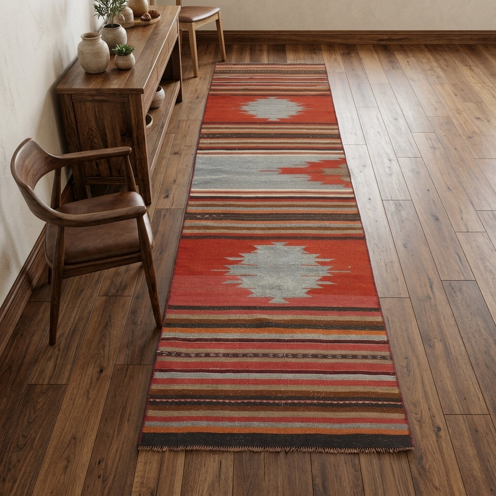 Oriental pattern on the Renginperver vintage kilim runner rug – handwoven flatweave in Anatolia, Turkey