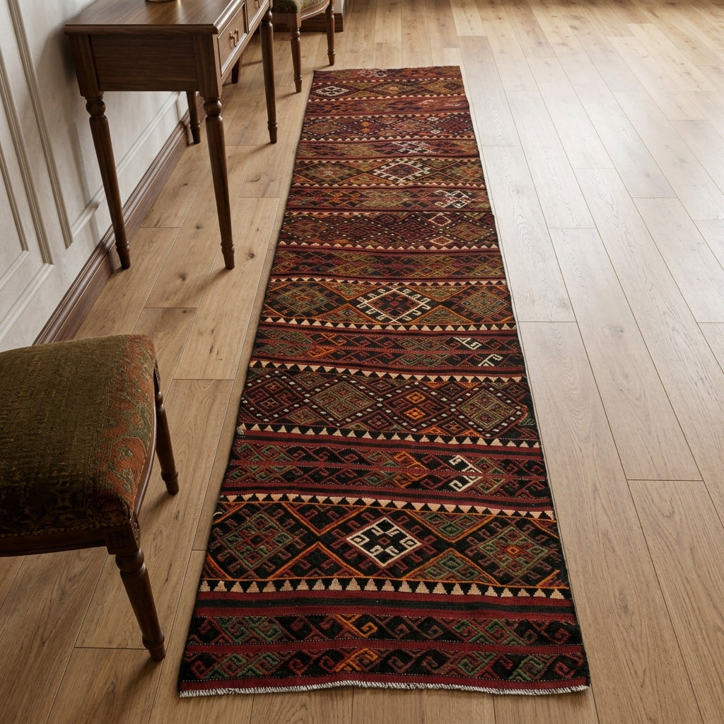 Oriental pattern on the Renginlale vintage kilim runner rug – handwoven flatweave in Anatolia, Turkey