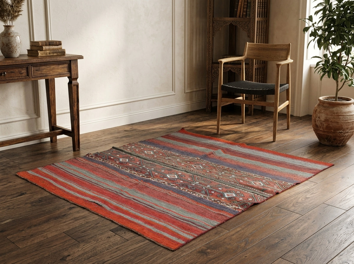 Oriental pattern on the Solmaz vintage kilim rug – handwoven flatweave in Anatolia, Turkey
