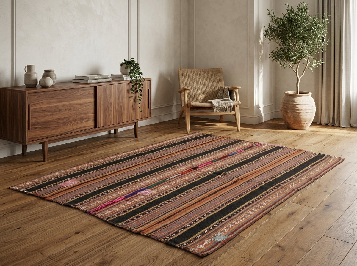 Oriental pattern on the Smaragdonassa vintage kilim rug – handwoven flatweave in Anatolia, Turkey