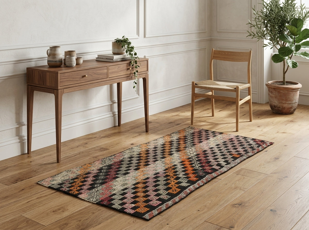 Oriental pattern on the Smaragdogena vintage kilim rug – handwoven flatweave in Anatolia, Turkey