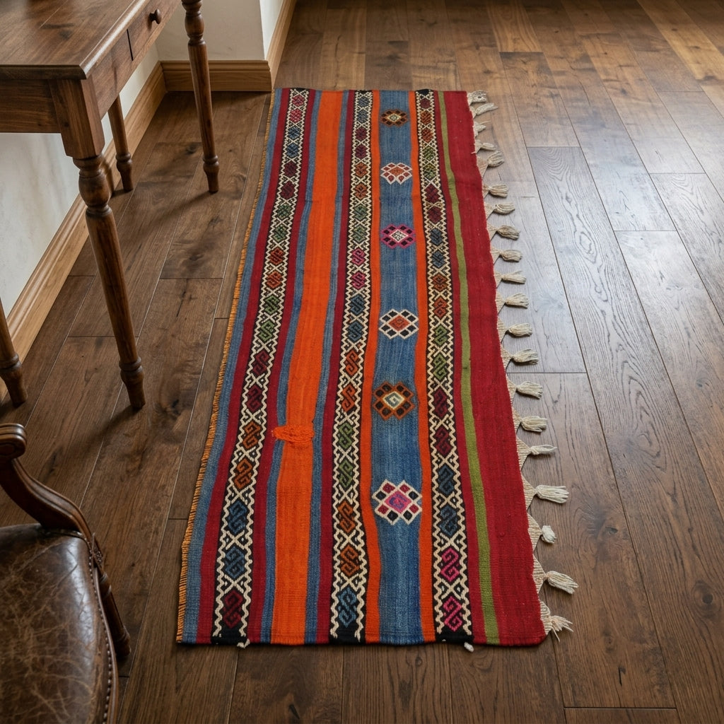 Oriental pattern on the Selviter vintage kilim runner rug – handwoven flatweave in Anatolia, Turkey