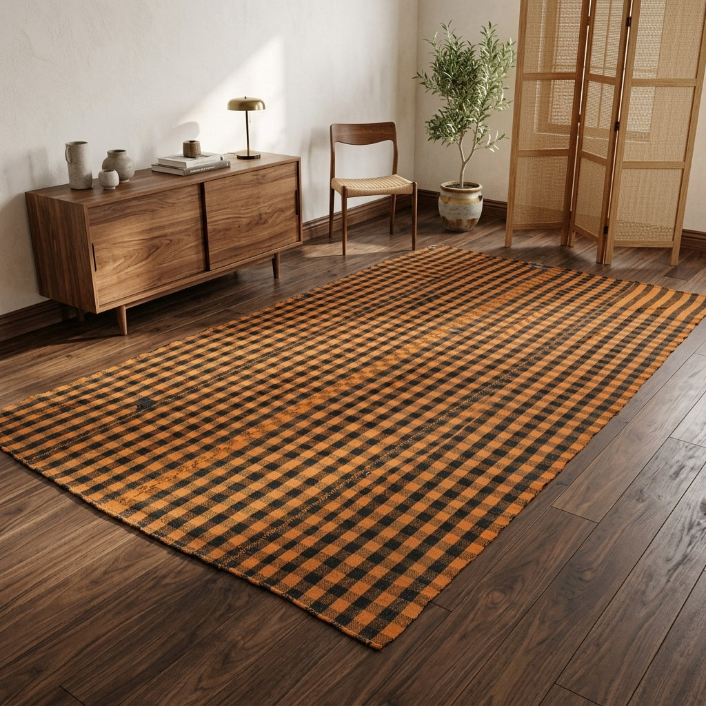 Checkered pattern on the Damla vintage kilim rug – handwoven flatweave in Anatolia, Turkey