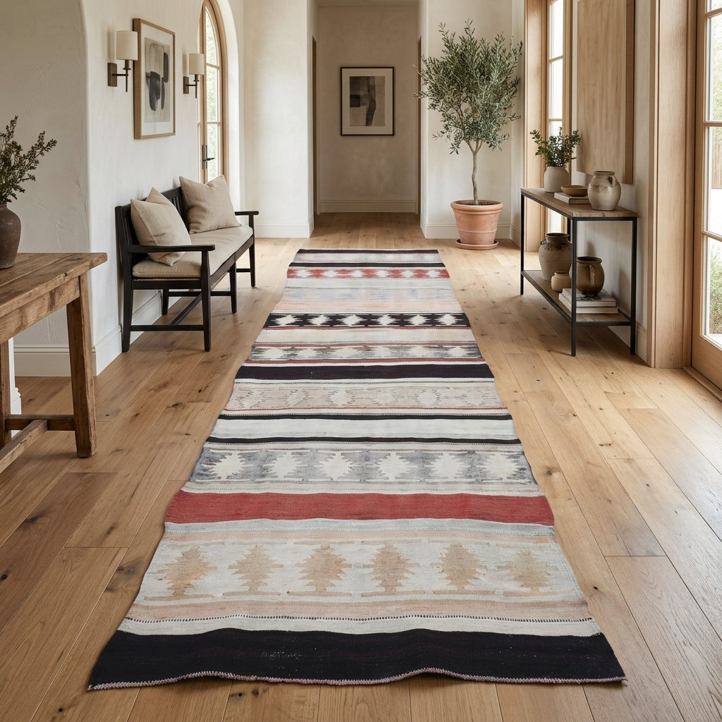 Striped pattern on the Kumrubahar vintage kilim runner rug – handwoven flatweave in Anatolia, Turkey