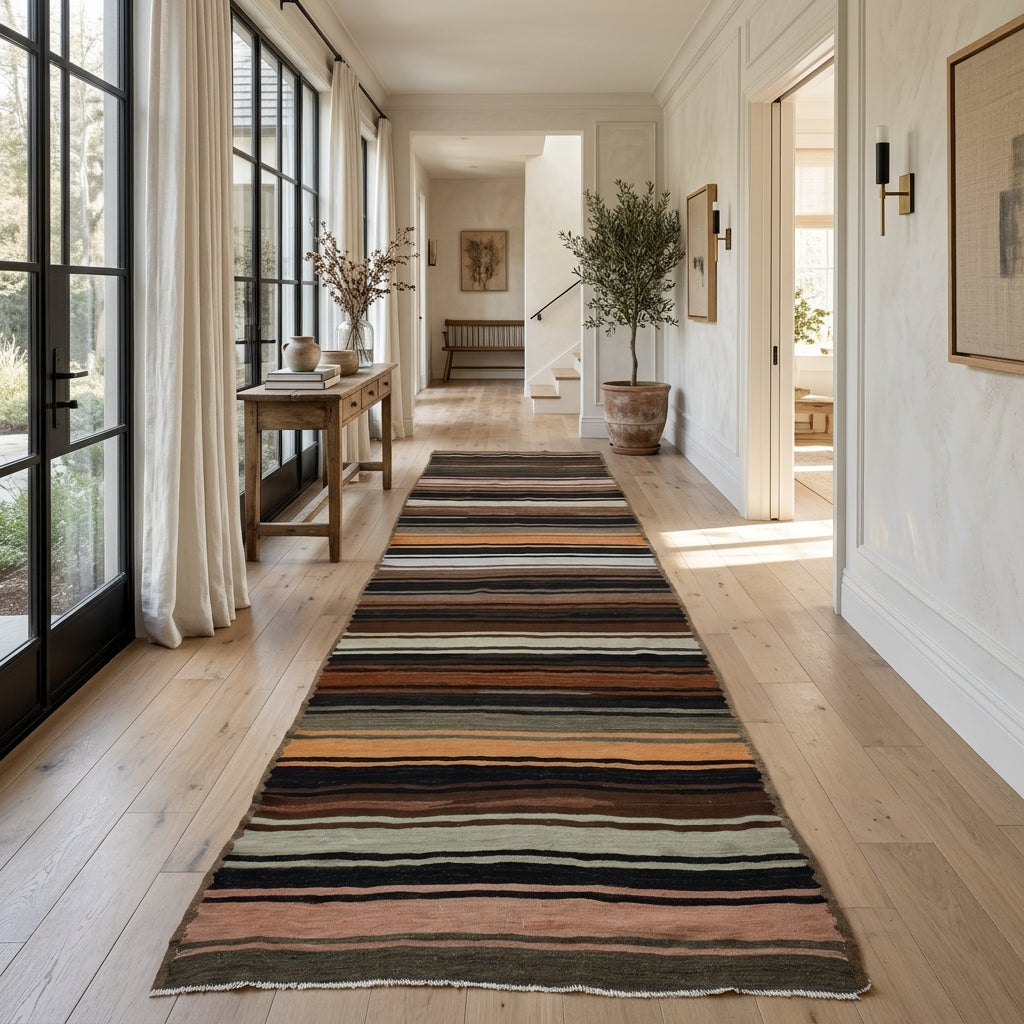 Striped pattern on the Kirazsultan vintage kilim runner rug – handwoven flatweave in Oushak, Turkey