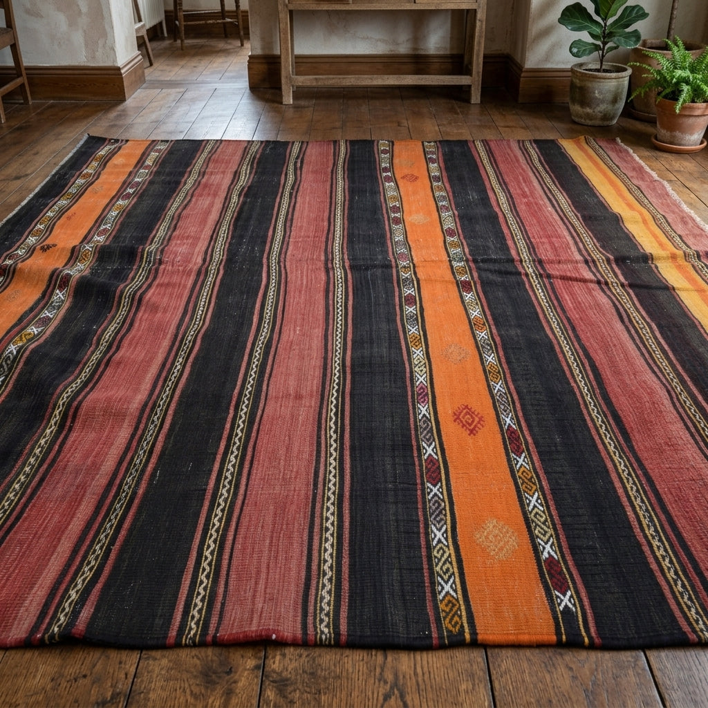 Striped pattern on the Nergis vintage kilim rug – handwoven flatweave in Anatolia, Turkey