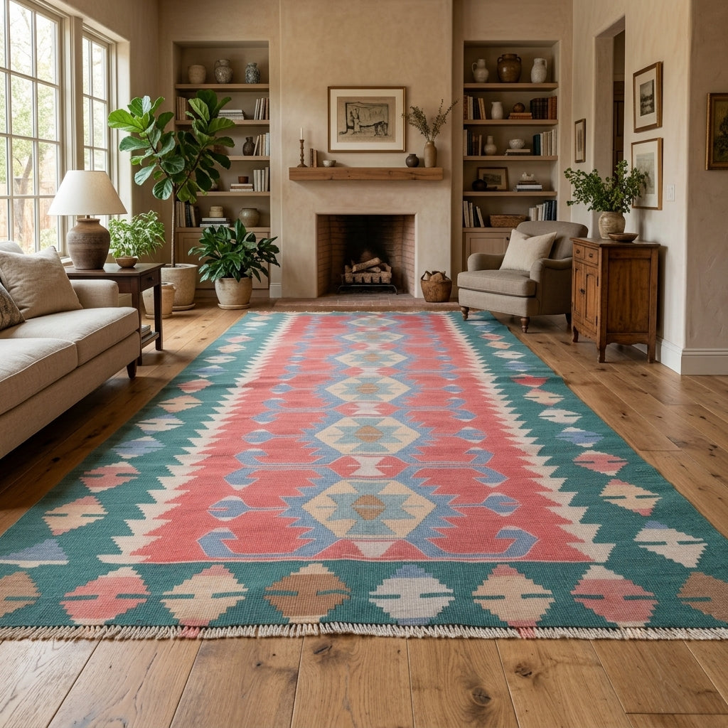 Traditional pattern on the Okeanothalia vintage kilim rug – handwoven flatweave in Anatolia, Turkey