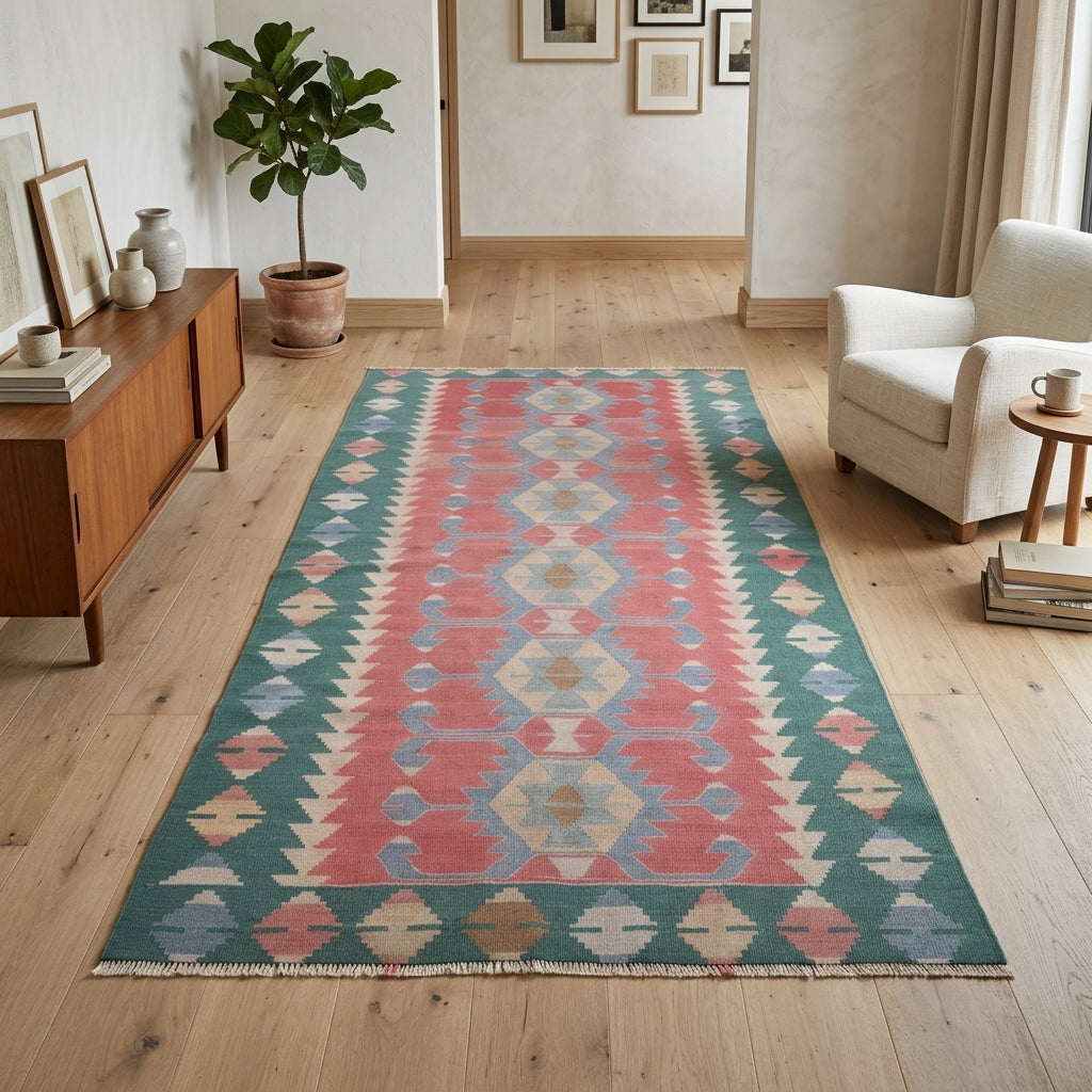Traditional pattern on the Okeanothalia vintage kilim rug – handwoven flatweave in Anatolia, Turkey