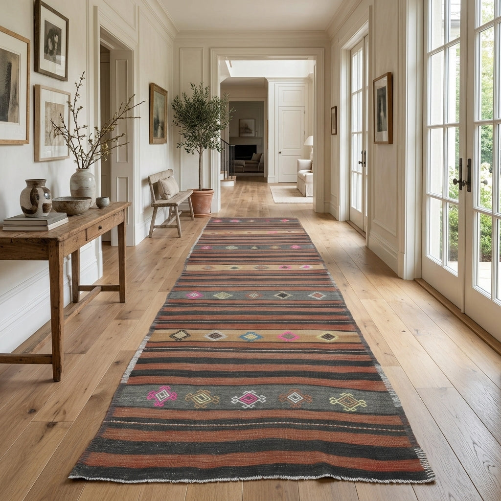 Striped pattern on the Kirazsever vintage kilim runner rug – handwoven flatweave in Anatolia, Turkey
