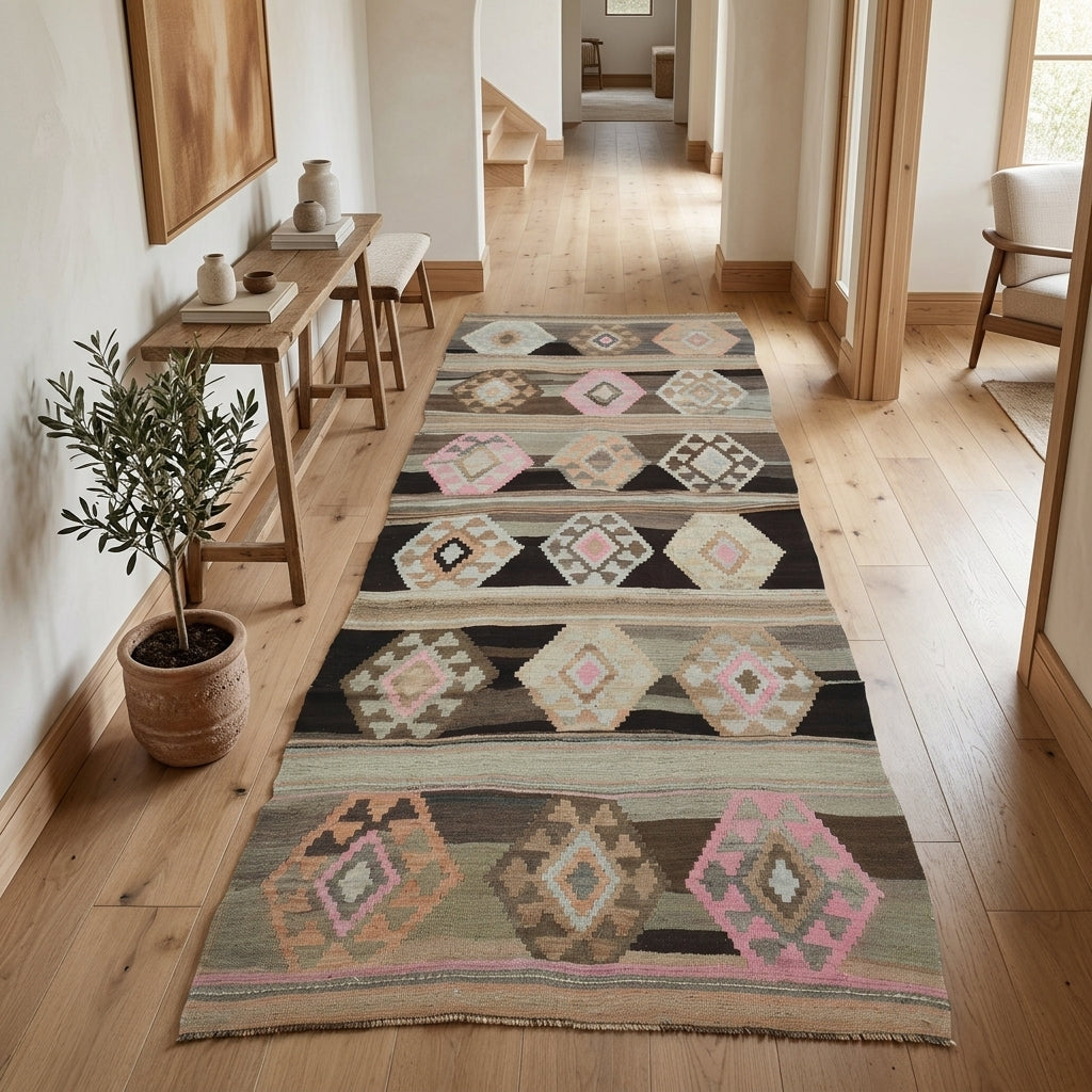 Geometric pattern on the Kevsersever vintage kilim runner rug – handwoven flatweave in Anatolia, Turkey