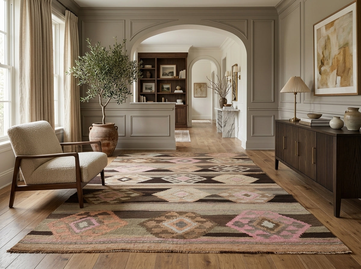 Striped pattern on the Elmasara vintage kilim rug – handwoven flatweave in Anatolia, Turkey