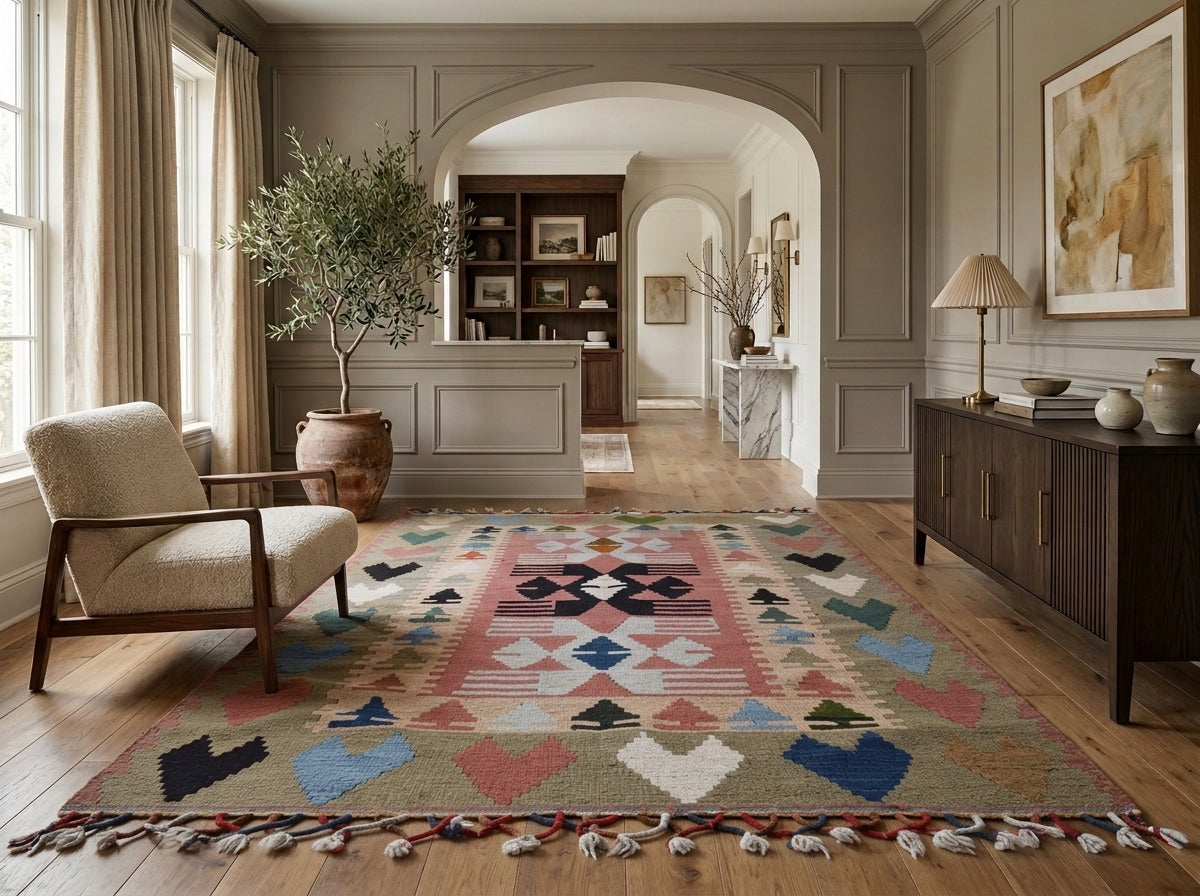 Traditional pattern on the Pervabahce vintage kilim rug – handwoven flatweave in Anatolia, Turkey