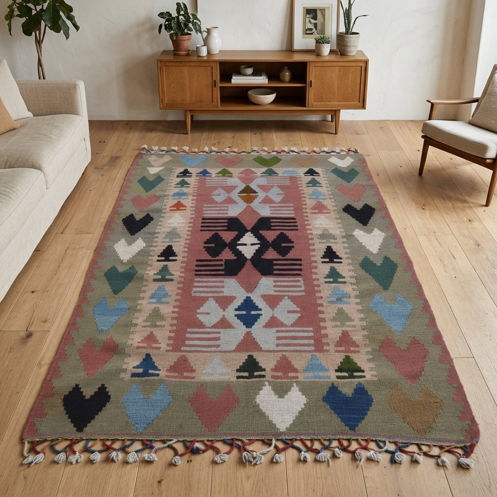 Traditional pattern on the Pervabahce vintage kilim rug – handwoven flatweave in Anatolia, Turkey