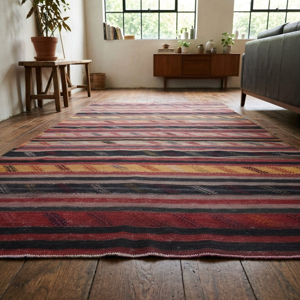Striped pattern on the Zenophyllis vintage kilim rug – handwoven flatweave in Anatolia, Turkey