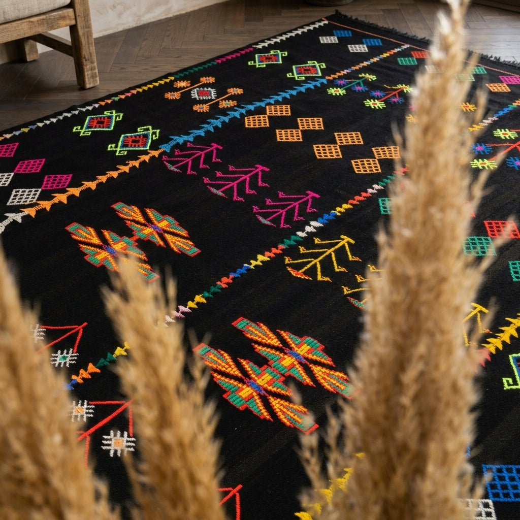 Oriental pattern on the Arasgul vintage kilim rug – handwoven flatweave in Anatolia, Turkey