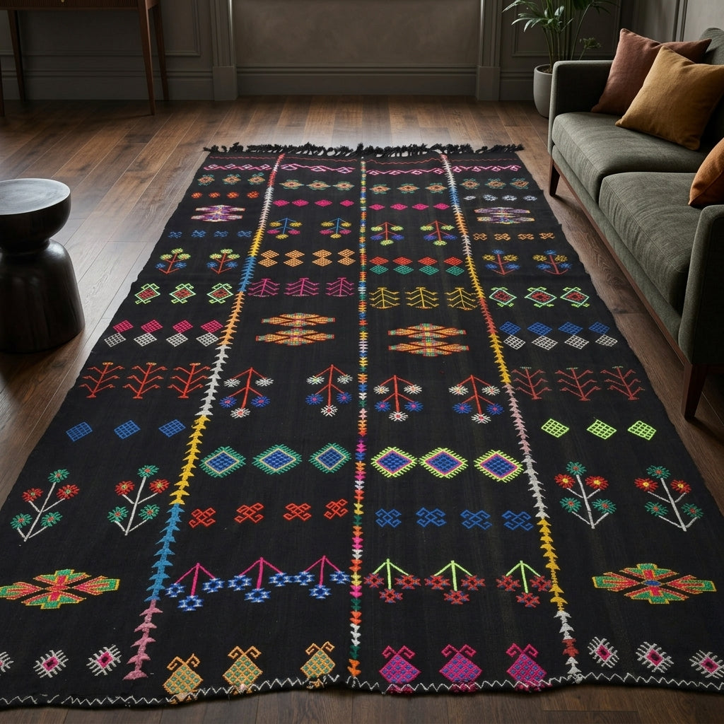 Oriental pattern on the Arasgul vintage kilim rug – handwoven flatweave in Anatolia, Turkey