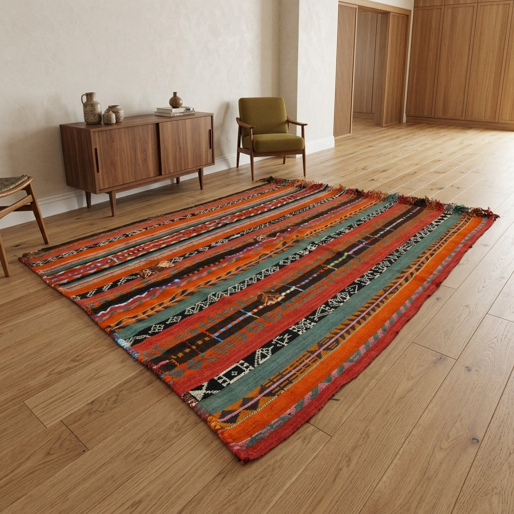 Oriental pattern on the Zambaksever vintage kilim rug – handwoven flatweave in Anatolia, Turkey