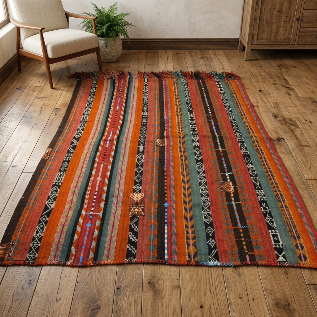 Oriental pattern on the Zambaksever vintage kilim rug – handwoven flatweave in Anatolia, Turkey