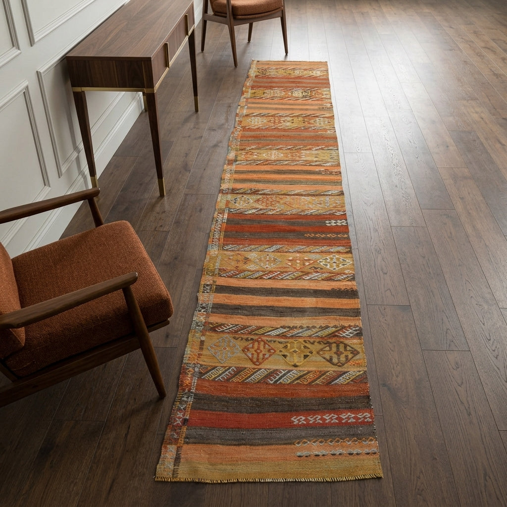 Oriental pattern on the Melissothea vintage kilim runner rug – handwoven flatweave in Anatolia, Turkey