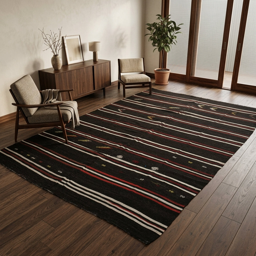 Striped pattern on the Zambaksel vintage kilim rug – handwoven flatweave in Anatolia, Turkey