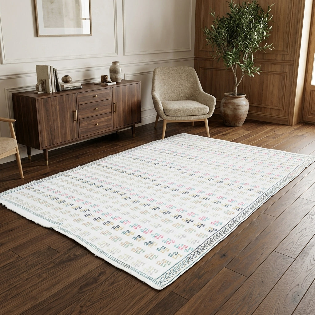 Oriental pattern on the Aigai vintage kilim rug – handwoven flatweave in Anatolia, Turkey