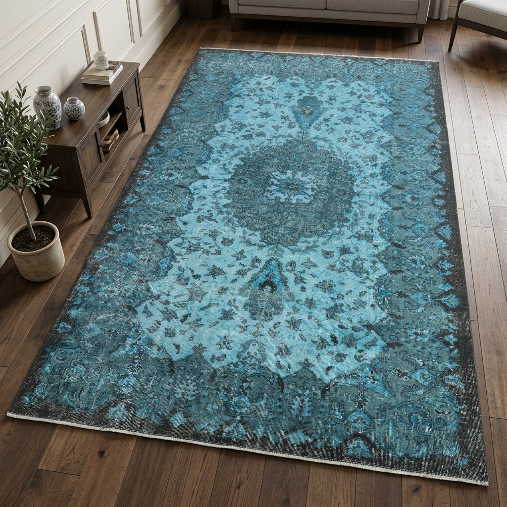 Oriental pattern on the Glaucopelia overdyed vintage area rug – handmade in Anatolia, Turkey