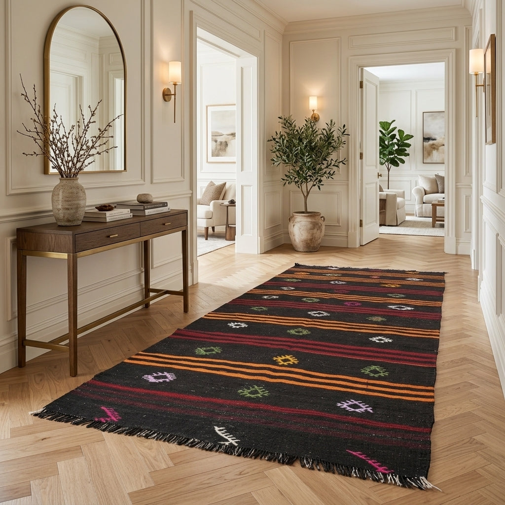 Oriental pattern on the Susever vintage kilim rug – handwoven flatweave in Anatolia, Turkey