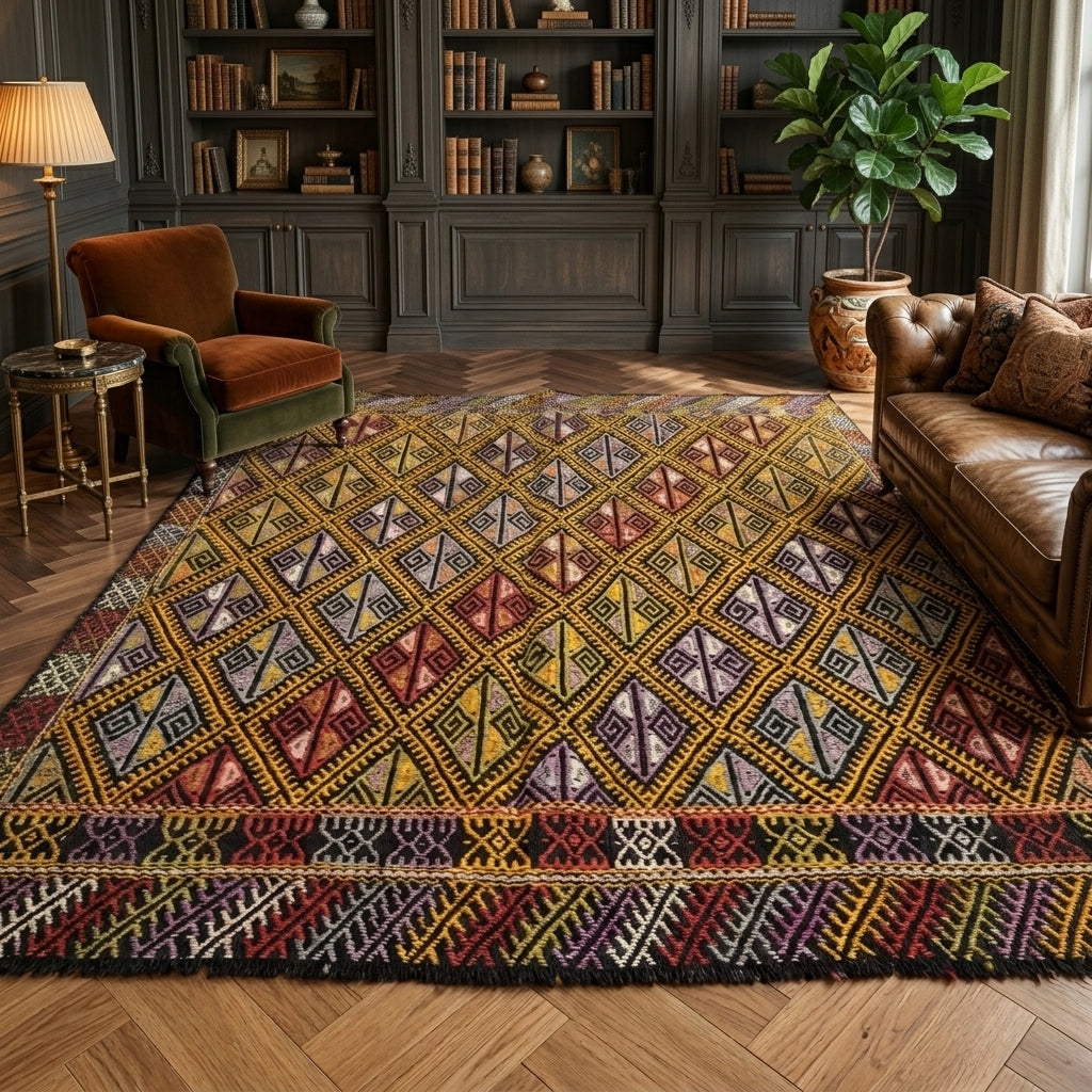 Oriental pattern on the Sophrophile vintage kilim rug – handwoven flatweave in Anatolia, Turkey