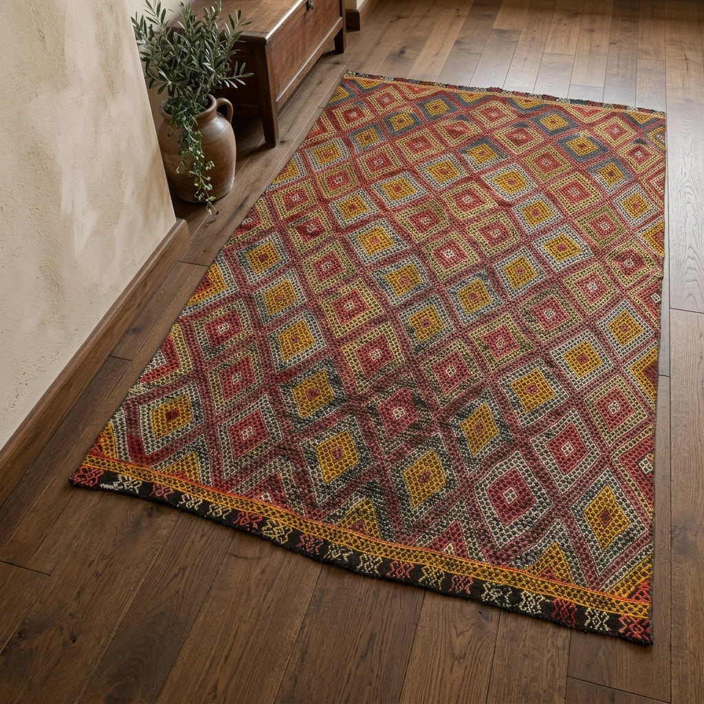 Oriental pattern on the Sophrophile vintage kilim rug – handwoven flatweave in Anatolia, Turkey