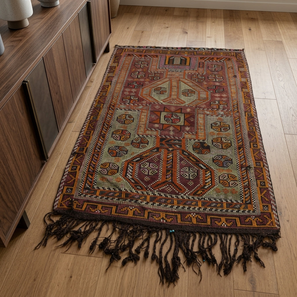 Oriental pattern on the Superver vintage kilim rug – handwoven flatweave in Anatolia, Turkey
