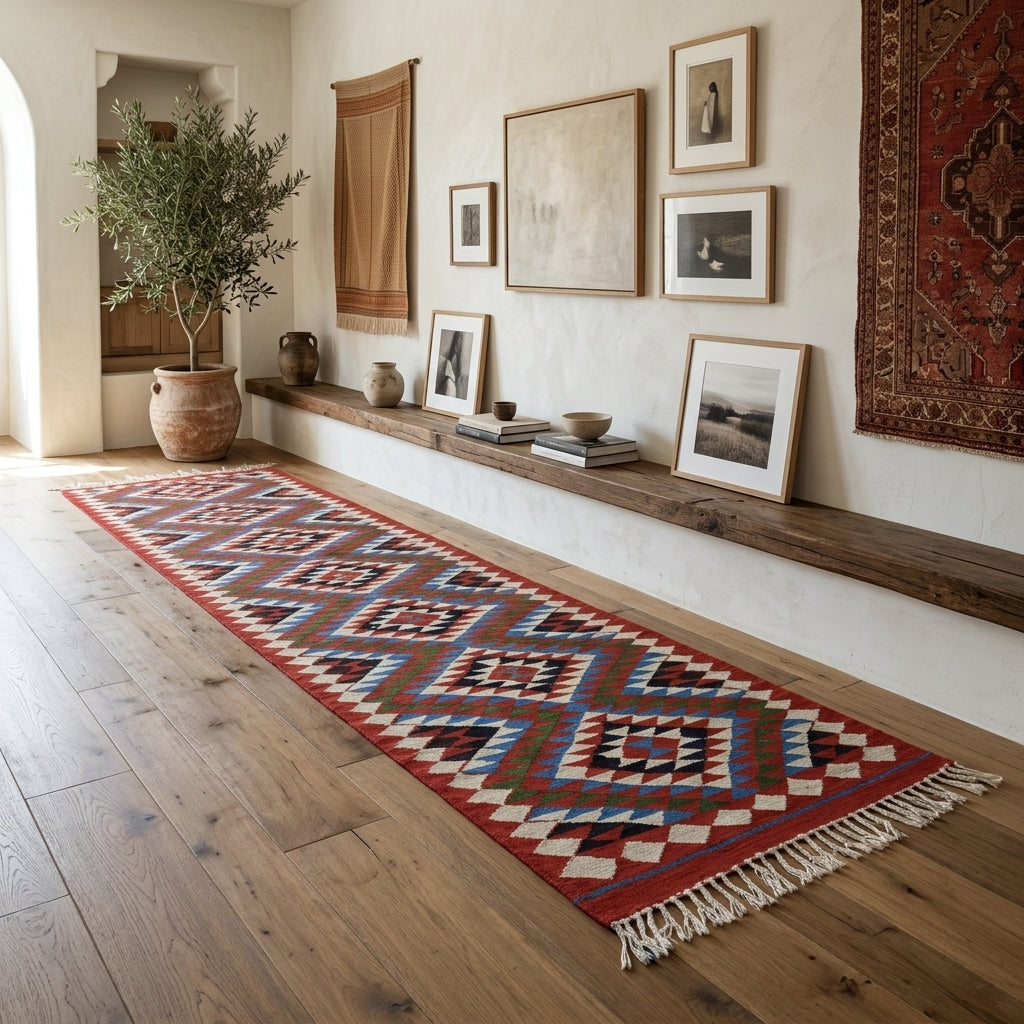 Oriental pattern on the Sahrakusa vintage kilim runner rug – handwoven flatweave in Anatolia, Turkey
