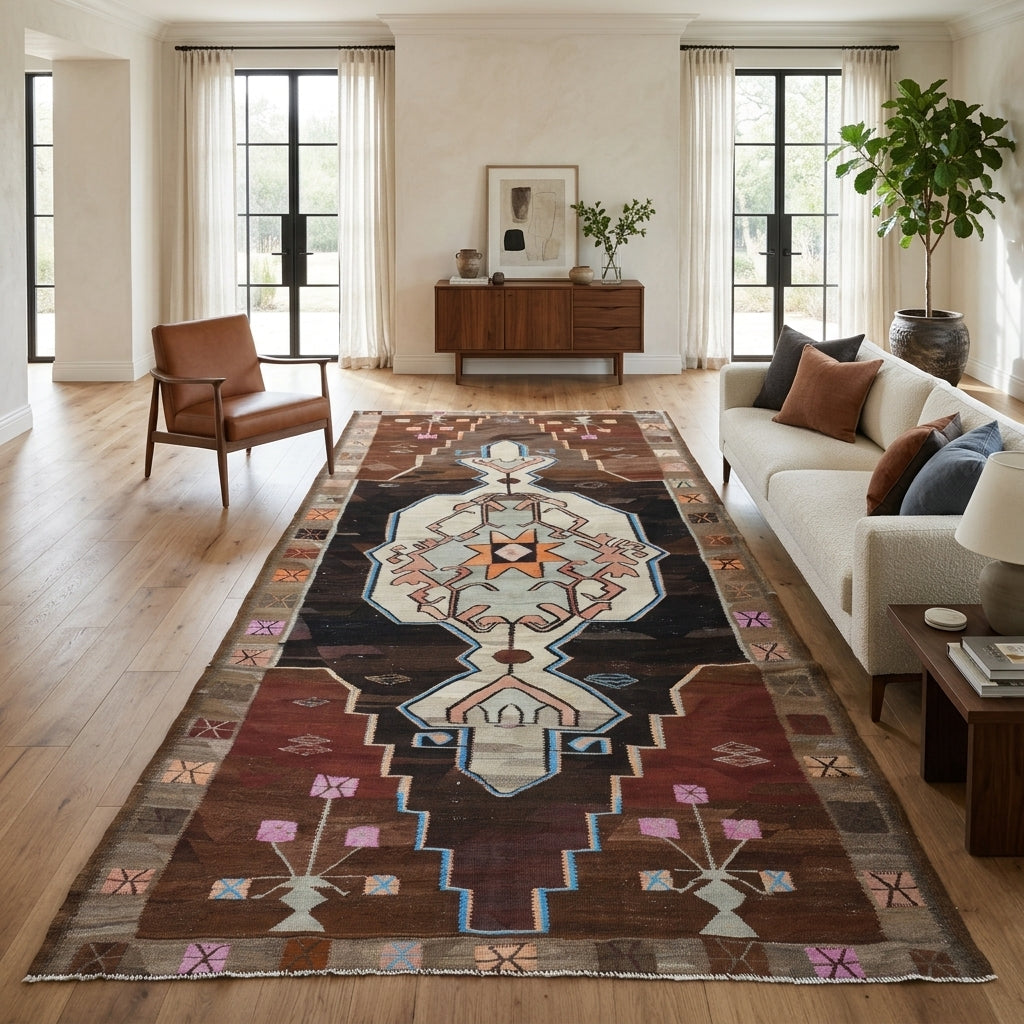 Oriental pattern on the Dilrubanaz vintage kilim rug – handwoven flatweave in Anatolia, Turkey