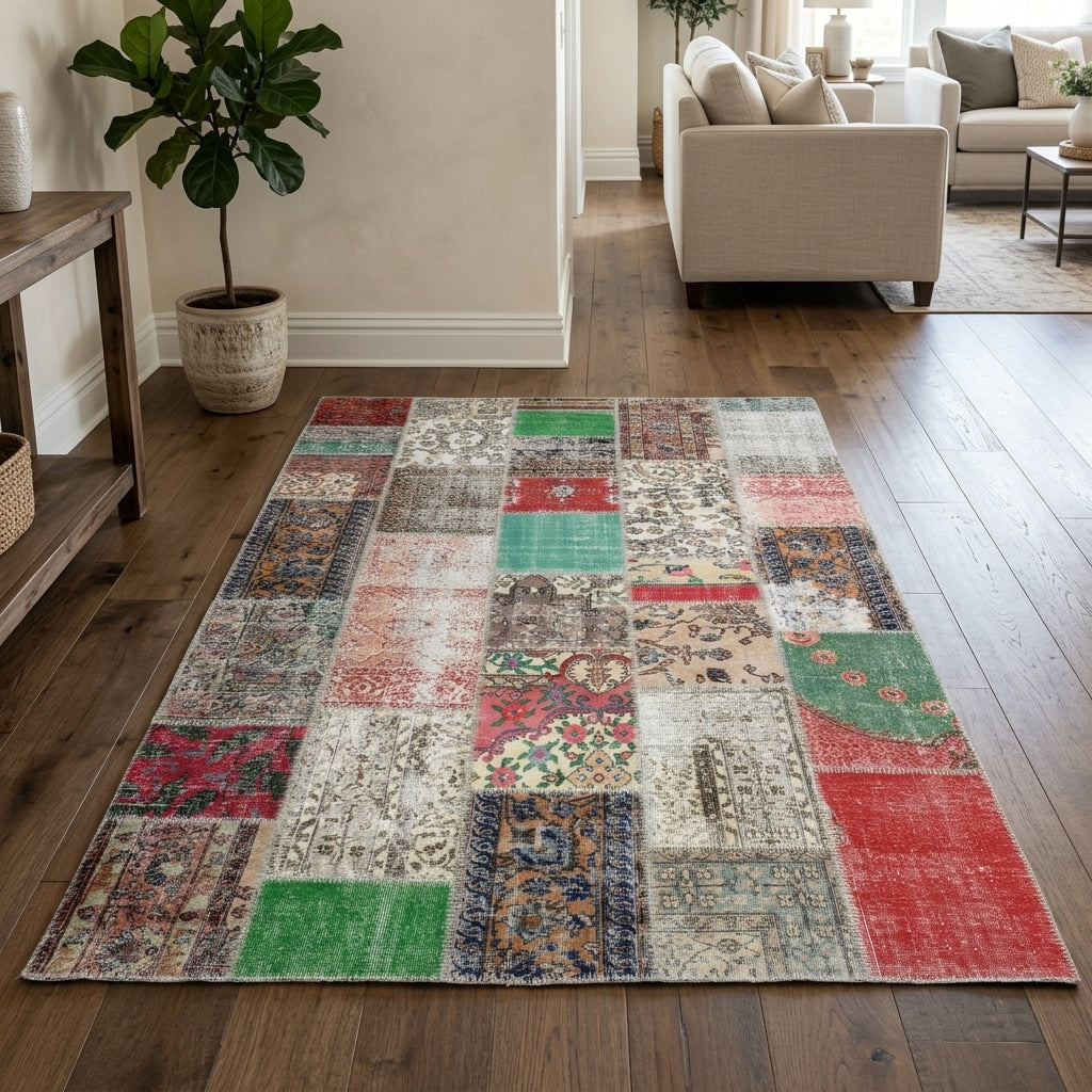 Solid pattern on the Berrakgonca vintage patchwork area rug – handmade in Anatolia, Turkey