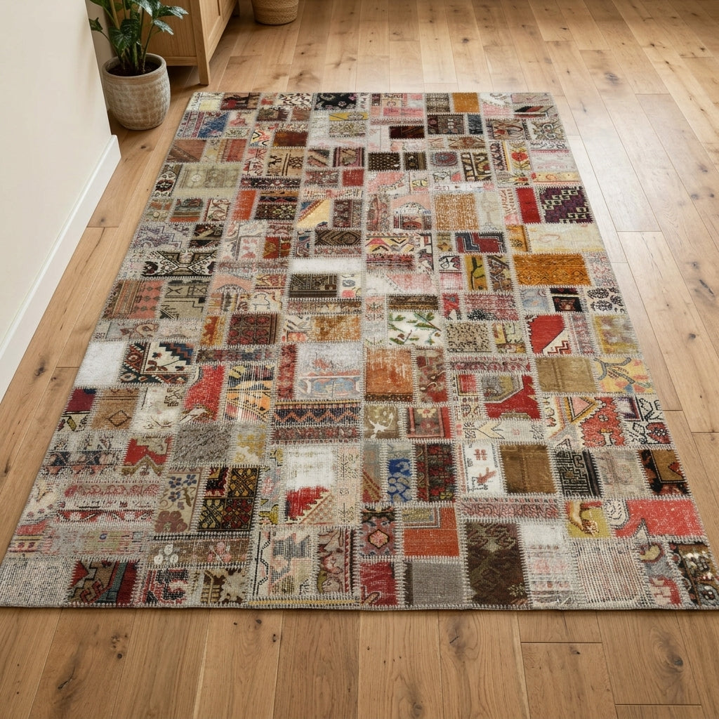 Solid pattern on the Berrakcihan vintage patchwork area rug – handmade in Anatolia, Turkey