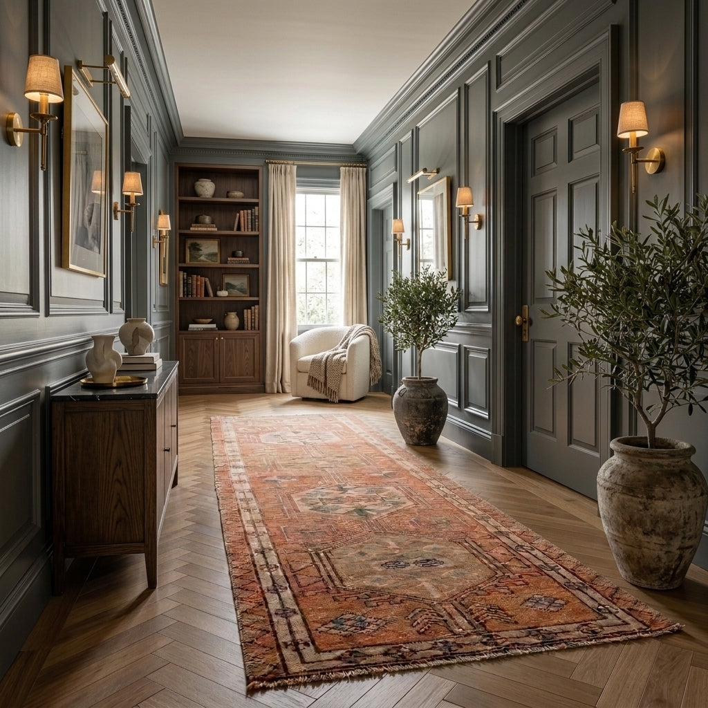 Oriental pattern on the Berilter vintage patchwork area rug – handmade in Anatolia, Turkey