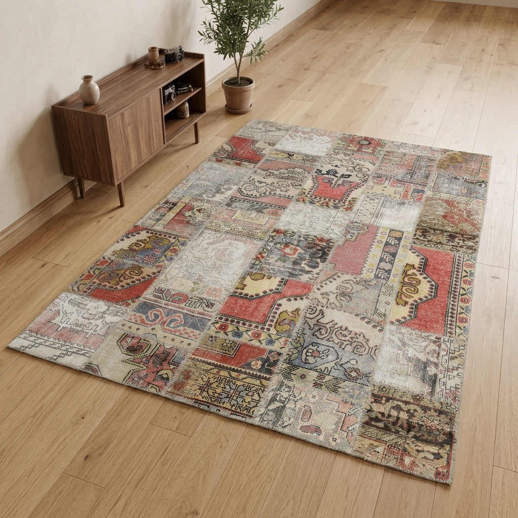 Oriental pattern on the Berilter vintage patchwork area rug – handmade in Anatolia, Turkey
