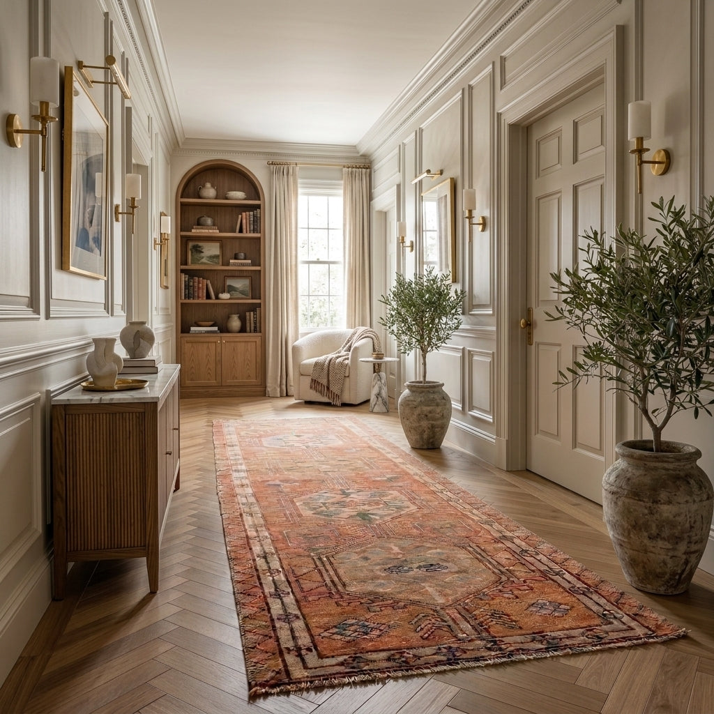 Floral pattern on the Beharsah vintage patchwork area rug – handmade in Anatolia, Turkey