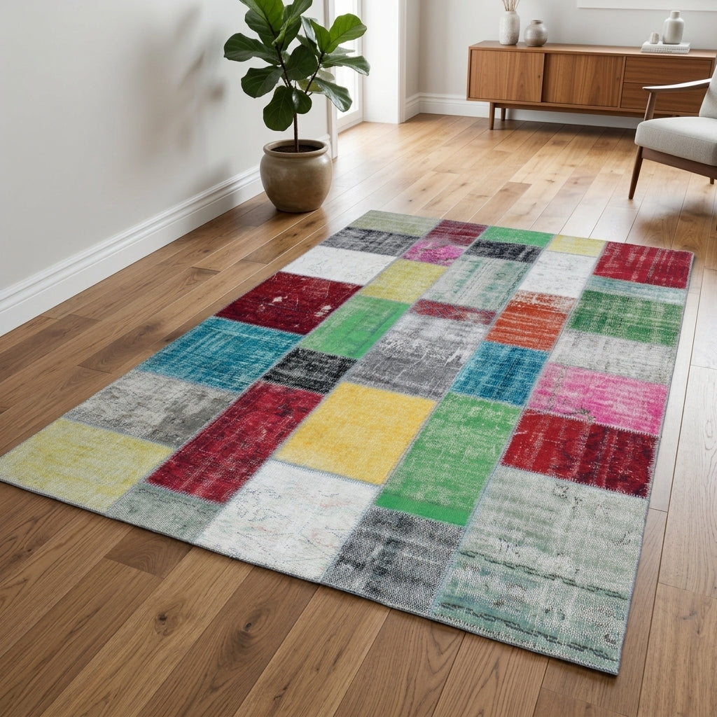 Floral pattern on the Beharsah vintage patchwork area rug – handmade in Anatolia, Turkey