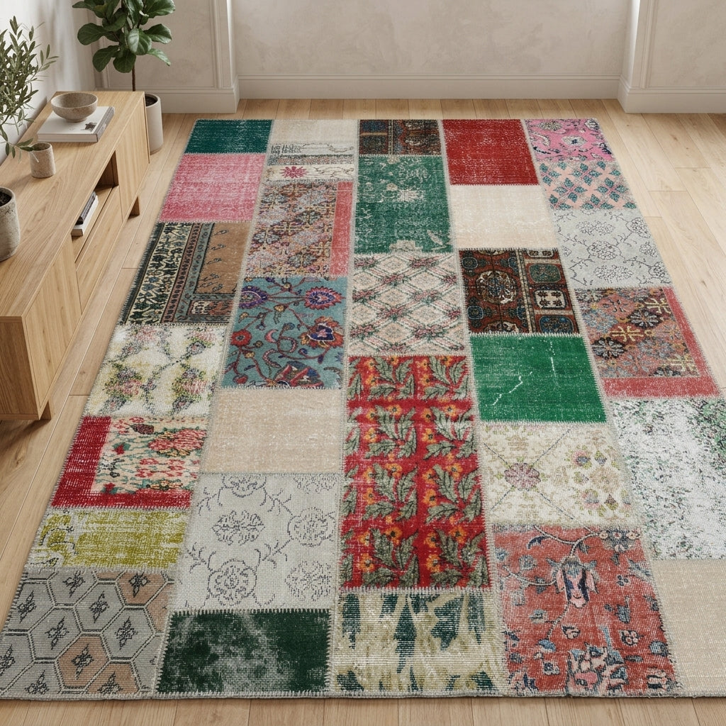 Patchwork pattern on the Bahrisev vintage patchwork area rug – handmade in Anatolia, Turkey