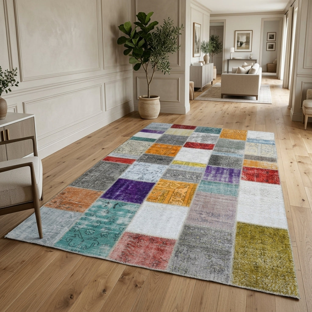 Oriental pattern on the Bademgonca vintage patchwork area rug – handmade in Anatolia, Turkey