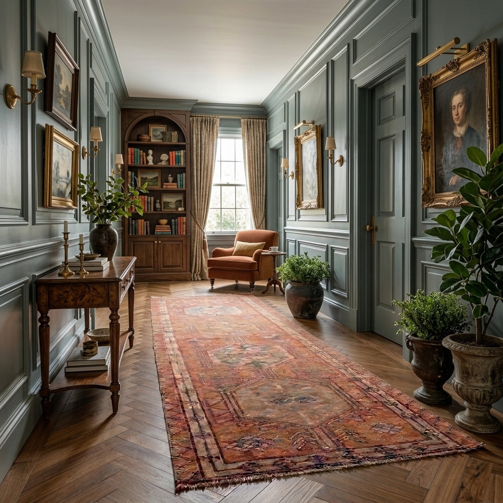 Oriental pattern on the Badembahar vintage patchwork area rug – handmade in Anatolia, Turkey