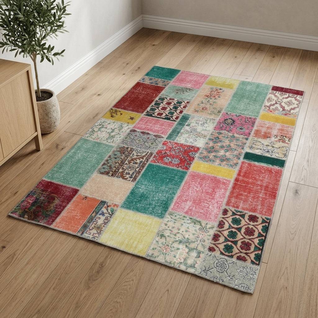 Oriental pattern on the Badembahar vintage patchwork area rug – handmade in Anatolia, Turkey